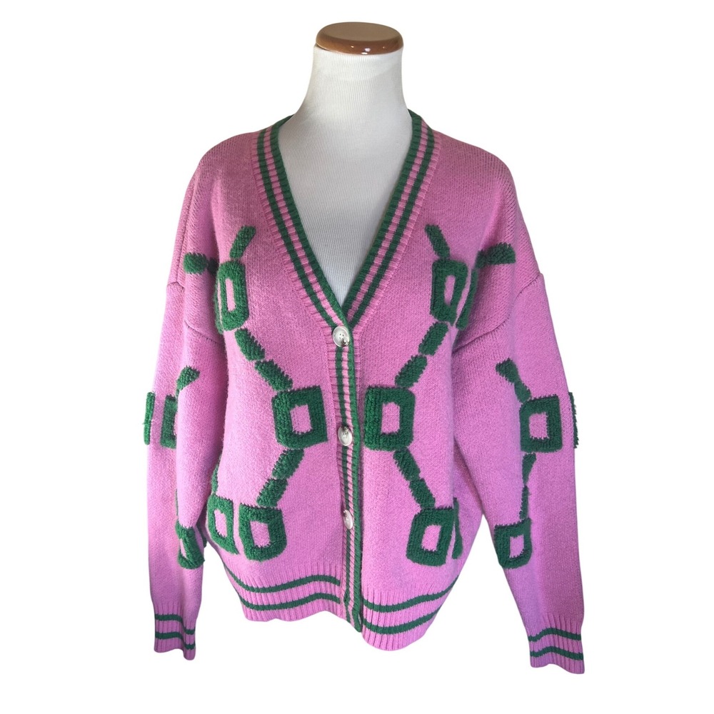 Womens Pink Green AKA Colors Geometric Knit Cardigan Button Front V Neck XL